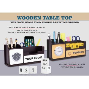 101-A132*Wooden Table top with Clock mobile stand tumbler and Lifetime Calendar