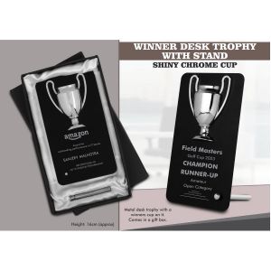 101-F11A*Winner Cup Desk Trophy with stand Shiny Chrome Cup with Black Plate