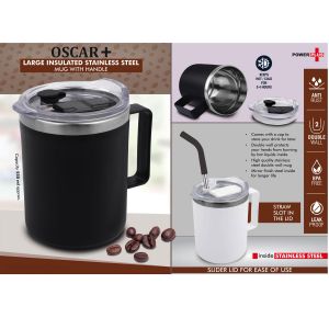 101-H287*Oscar Large Insulated SS coffee mug with handle Clear cap with Slider Lid Straw Slot in cap Capacity 600ml approx