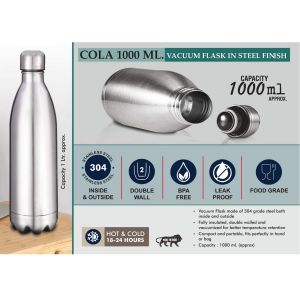 101-H310*Cola 1000 Ml Vacuum Flask In Steel Finish