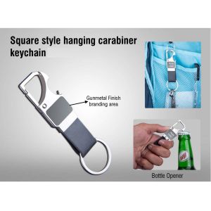 101-J120*Rectangle hanging metal keychain with Bottle Opener Gunmetal Plate with PU strap