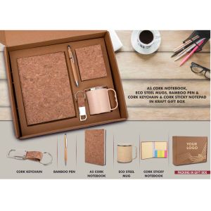 101-Q108*EcoSet 2 Set of A5 Cork notebook Eco Steel mug Bamboo Pen Cork Keychain & Cork Sticky notepad in Kraft Gift Box