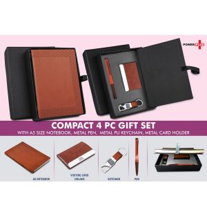 101-Q122*Compact 4 pc Tan gift set A5 size Notebook Metal pen Metal PU Keychain Metal Card holder