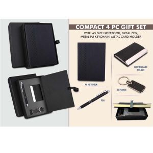 101-Q123A*Compact 4 pc Black gift set A5 size Notebook Metal pen Metal PU Keychain Metal Card holder