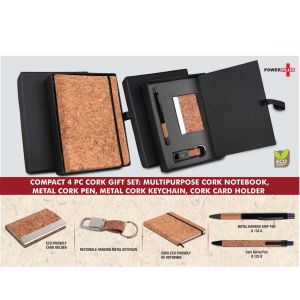 101-Q133B*Compact 4 pc Cork gift set Cork Notebook Cork pen Metal Cork Keychain Cork Card holder