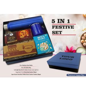 101-Q183*Festive Set Of 5 SS Bottle 1L SS Coffee Mug LED Light Diya 