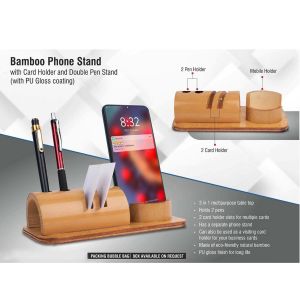 101-Q41*Bamboo phone stand with card holder and double pen stand with PU Gloss coating