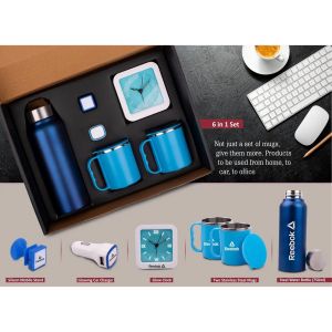 101-Q68*6 in 1 set Steel Water bottle 750ml Silicon mobile stand Glowing Car charger Glow Clock Two Stainless steel mugs